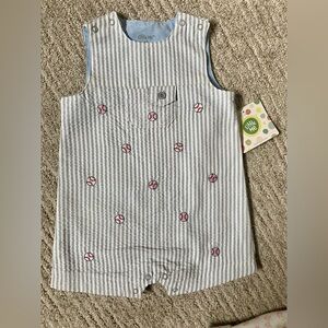 Little Me Light Blue Striped Baby Romper with Embroidered Baseballs